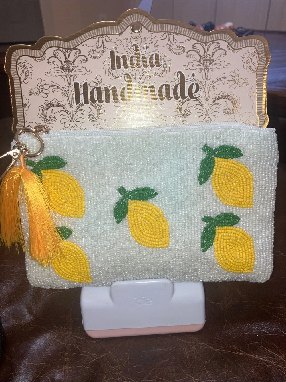 India Handmade Beaded Lemon Clutch with Tassel NWT